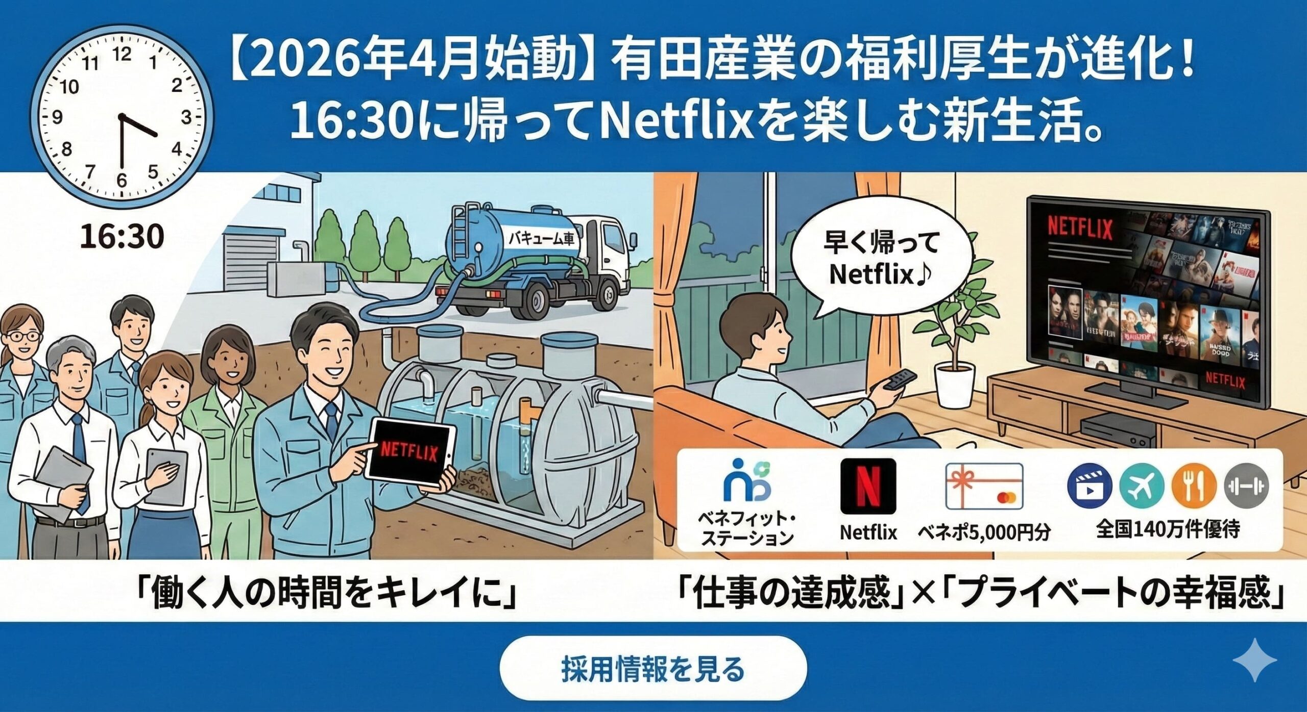 有限会社有田産業 16:30退社と福利厚生Netflixプランの新生活イメージ