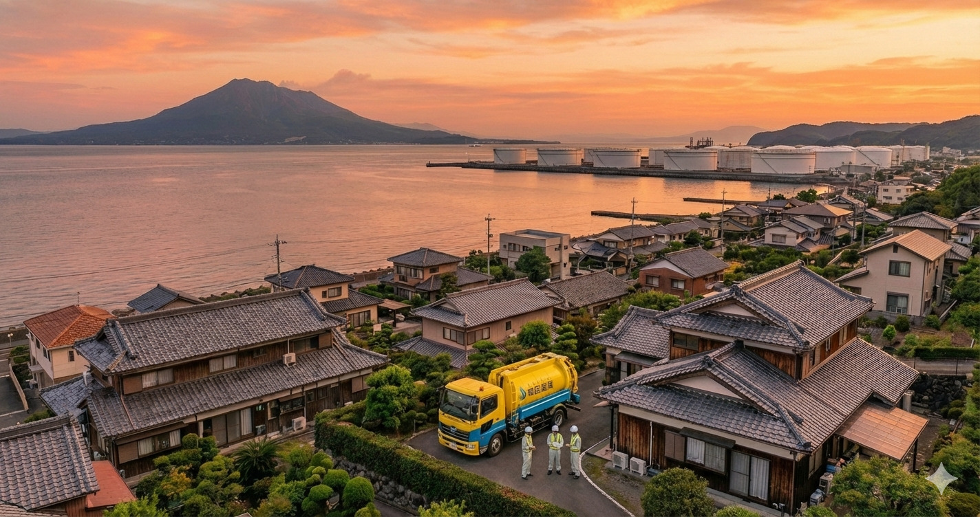 錦江湾と石油備蓄基地を望む、美しい喜入の町並み